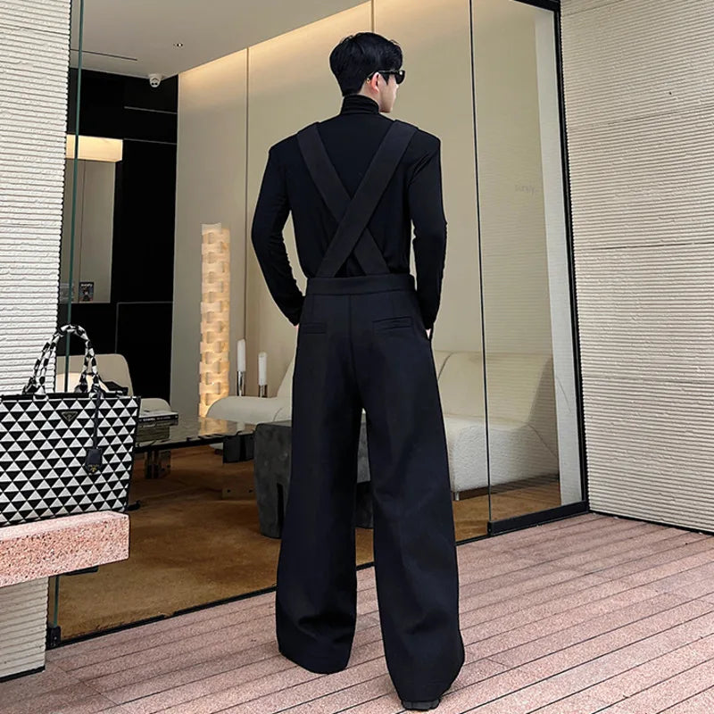 Hearujoy Designer Korean Fashion Woolen Jumpsuit Menwear Casual Wide Shoulder Strap Wide Leg Overalls Autumn Personality 9C2564