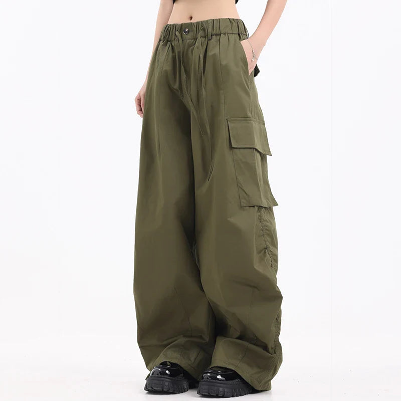 Hearujoy Large Pocket Men's Wide Leg Pants Casual Pleated Drawstring Solid Color Male Cargo Trousers Trendy Spring 9C4195