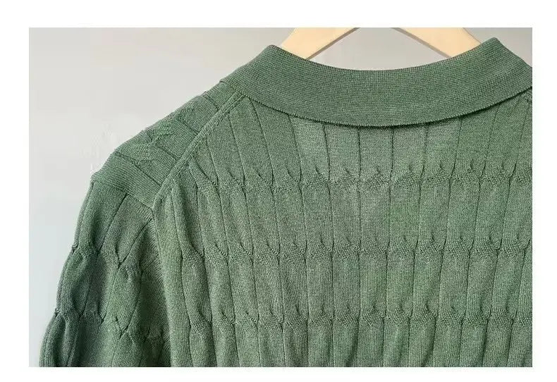 HEARUJOY  -  Summer Clothing Men's Light Luxury Knitted Jacquard Polo Shirt V-Neck Solid Color Short-sleeved Korean Popular Leisure Knitwear