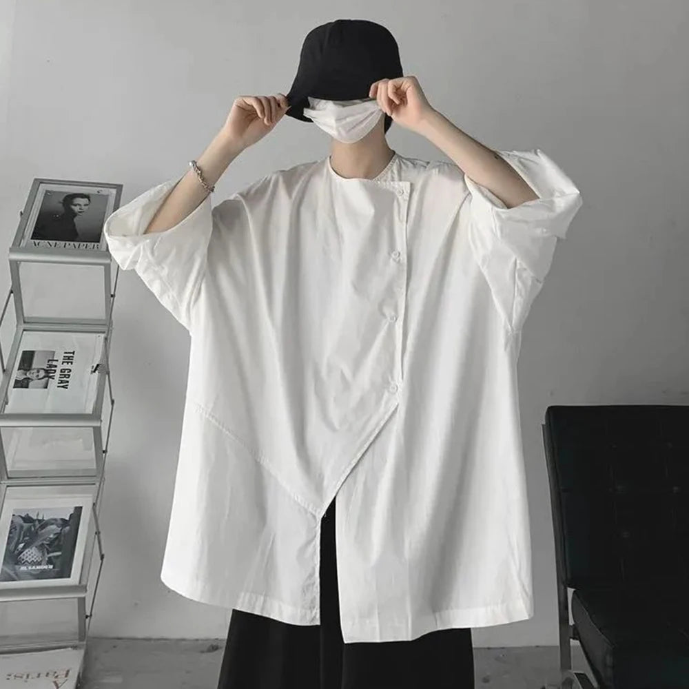 Hearujoy Collarless Short-sleeved Shirt Men's Summer Irregular Split Half Sleeve Tee Shirts Men Clothing Gothic Blouse Camisa Para Hombre