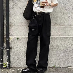 HEARUJOY  -  Big Pocket White Mens Cargo Pants Loose Straight Tube High Street Trousers Solid Simplicity Trend Wide Legs Overalls