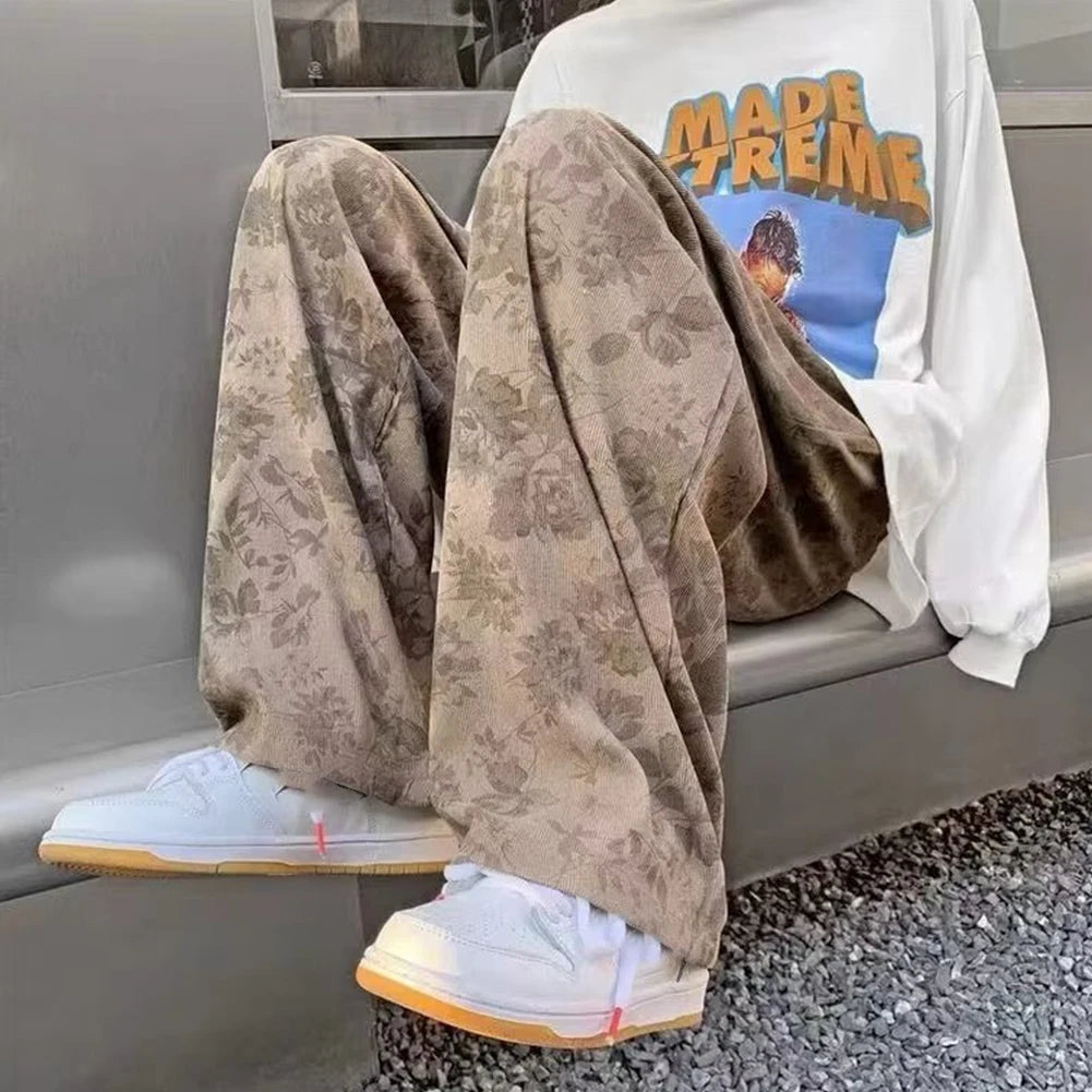 HEARUJOY  -  Men Loose Vintage Casual Jogging Pants Printing Korean Style High Street Trouser Wide Leg Streetwear