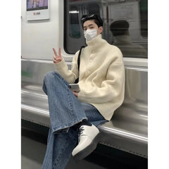 HEARUJOY  -  Men New Cardigan Single Breasted Sweaters Long Sleeve Flat Knitted Jumpers Turtleneck Solid Spliced Button High Street Loose