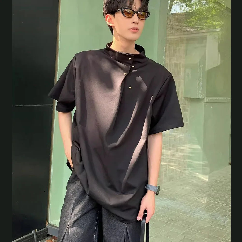 HEARUJOY  -  Men Korean Stand Collar Retro Casual Tee Tops Short Sleeve Street Wear Men's Loose T-Shirt Breathable
