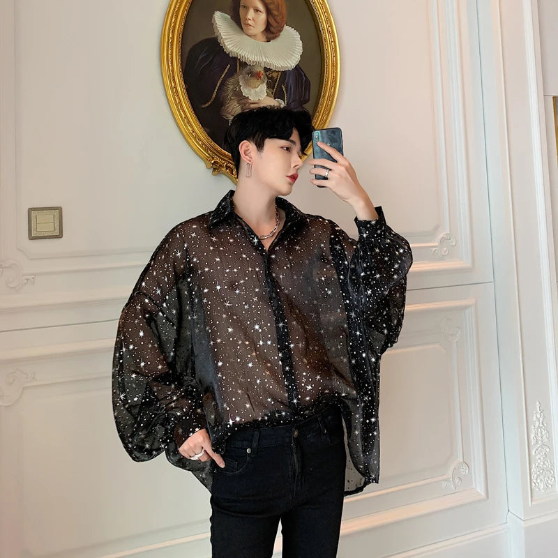 Hearujoy Male Streetwear Hip Hop Punk Gothic Party Night Club blouse Men Bat Long Sleeve Star Transparent Oversize Loose Casual Shirts