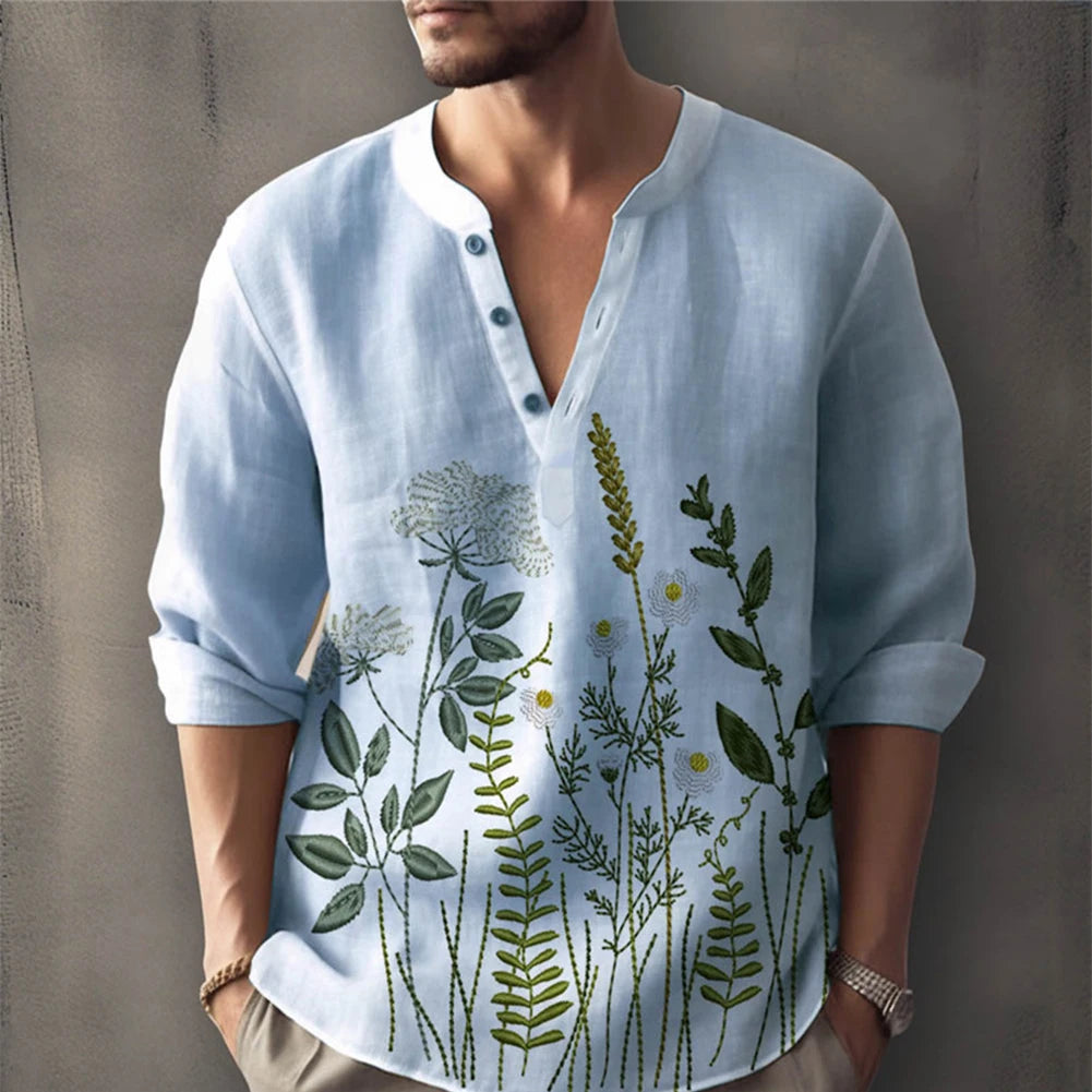 HEARUJOY  -  Blouse Men Shirt Party Traveling Single Breasted Solid Cotton Summer T Shirt Henley Tops Lightweight Turn-down