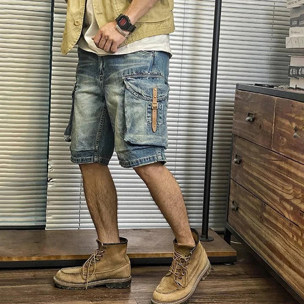 Hearujoy Men's Street Distressed Jeans Summer Fashion Workwear Retro Medium Pants Motorcycle Casual Loose Big Pocket Y2K Shorts