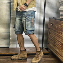Hearujoy Men's Street Distressed Jeans Summer Fashion Workwear Retro Medium Pants Motorcycle Casual Loose Big Pocket Y2K Shorts