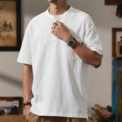 HEARUJOY  -  Summer Men Heavyweight Short Sleeve T-shirt High Quality Sold Color Button Slim-Fit Henley T-Shirts with Pocket