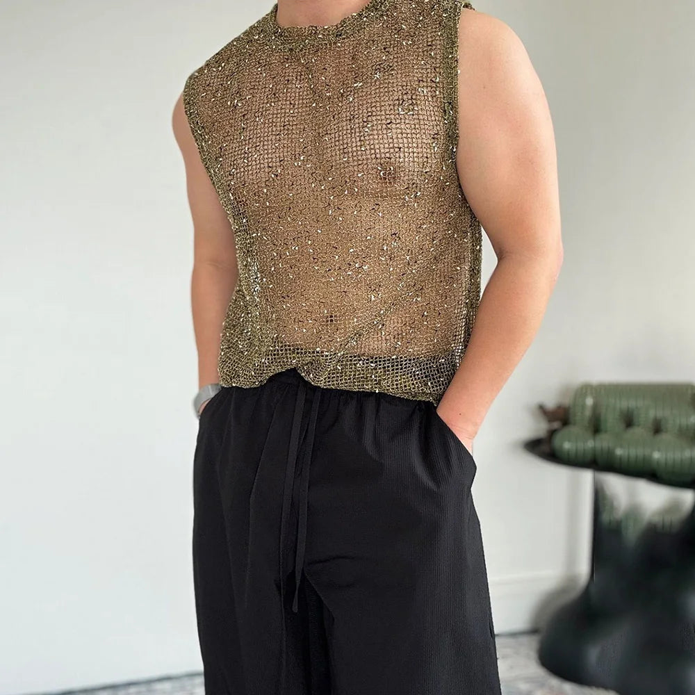 HEARUJOY  -  Mens Vest Knot Hollow Personality Sexy Body Shaping Tank Top Spring Summer Streetwear Niche Sleeveless Top Men'S Clothing 2025
