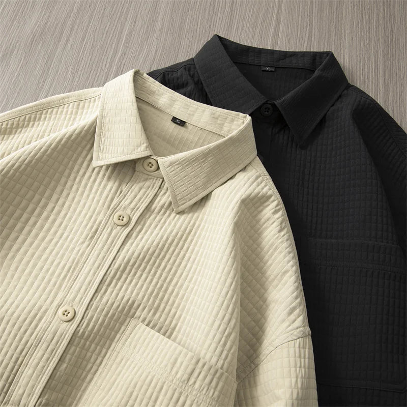 HEARUJOY  -  Mens Casual Waffle Shirts Long Sleeve Button Down Autumn Sold Color Loose Fit Shirts Jacket
