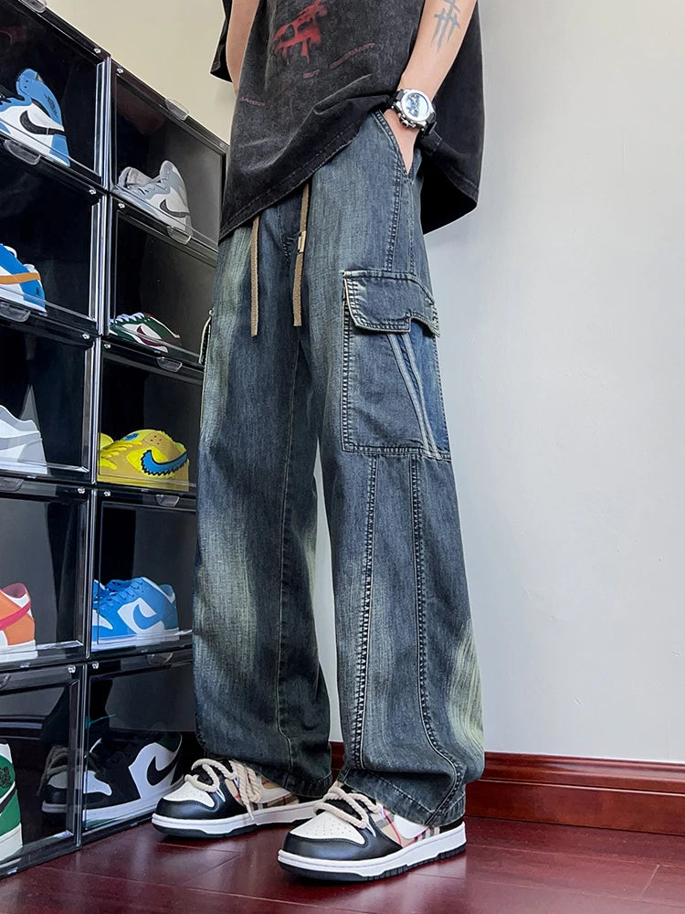 HEARUJOY  -  Summer Men's Jeans Flap Pockets Lightweight Denim Cargo Pants Big Size 8XL 7XL 6XL Wide Leg Baggy Jeans Straight Trousers