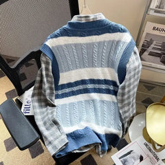 HEARUJOY  -  Men's Clothing Japanese Style Striped Embroidery Vintage All Match Sweater Vest Casual V Neck Sleeveless Loose Knitted Waistcoat