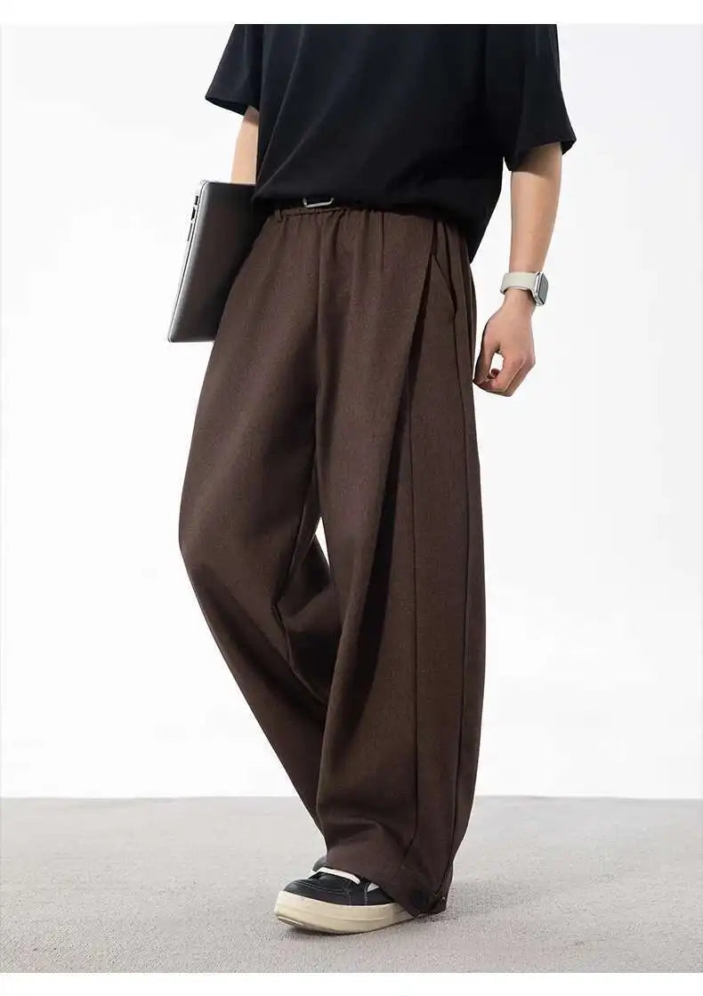 HEARUJOY  -  Korean Style Men's Suit Pants Solid Color Pleated Design Botton Drawstring Simple Elastic Waist Summer Male Trousers