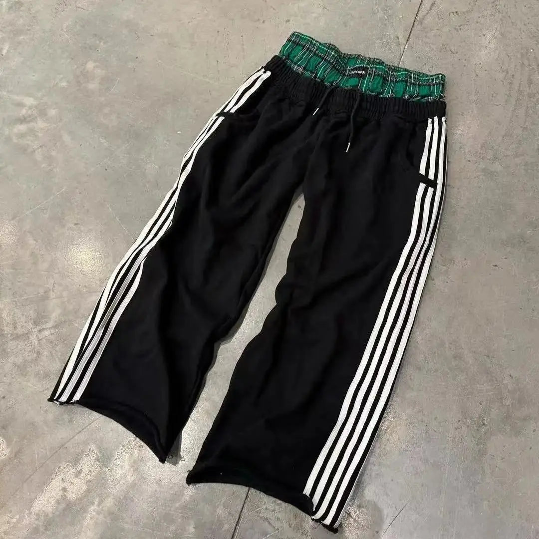 Hearujoy Baggy Pants Double Layer Straight Pants Y2k Side Striped Sweatpants Men's and Women's Loose Wide-leg Trousers Cargo Pant Sets