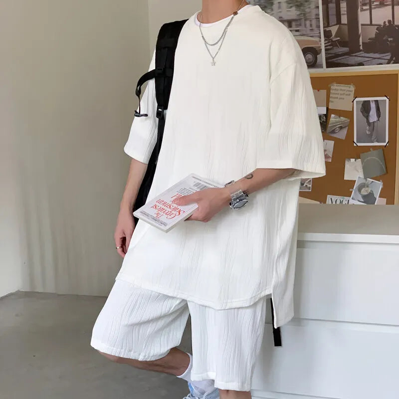 HEARUJOY  -  Summer Set Men Fashion Casual Shorts Short Sleeved T-shirt Sets Men Streetwear Hip-hop Loose Ice Silk Set Mens Pleated Set
