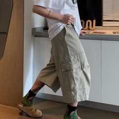 HEARUJOY  -  Cargo Cropped Pants Mens Summer New Multiple Pockets Casual Wide Leg Tooling Shorts Street Retro Paratrooper Overalls Thin