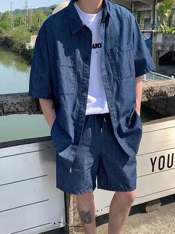 HEARUJOY  -  Japanese Man Sets Work Clothes Loose Cool Two-piece Set New in Matching Elastic Baggy Korean Stylish Shirts Shorts Suits for Men