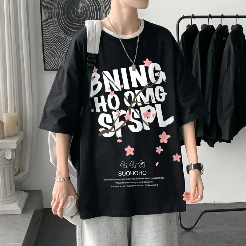 HEARUJOY  -  Men's CottonT-shirt Letters Mens Summer T Shirts White Fashion 5XL Oversized Tee Shirts Casual Tshirt for Man