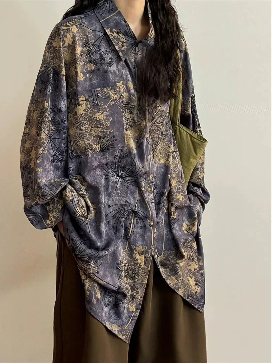 HEARUJOY  -  Loose Long Sleeve Shirt Men Women Casual Streetwear American Retro Purple Print Inner Wear Fashionable Male Female Top