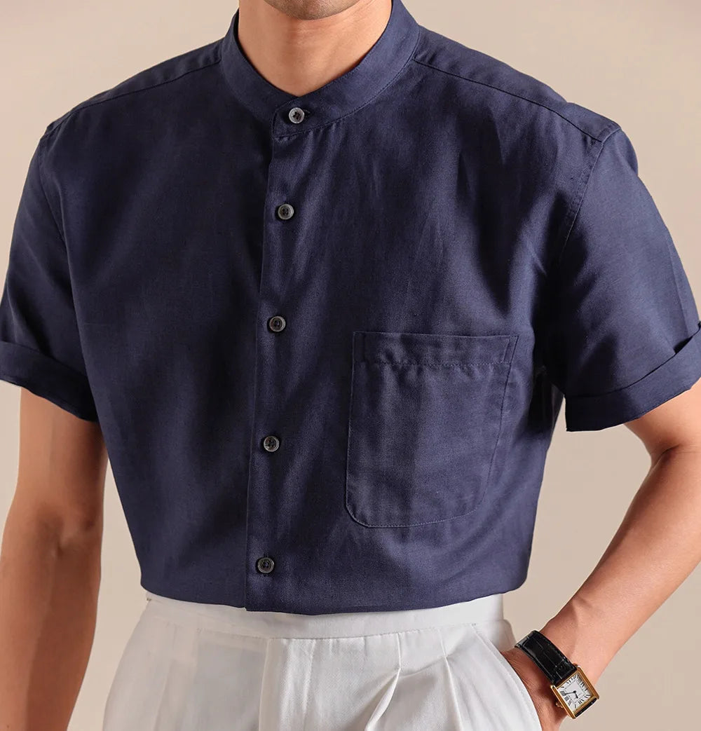 HEARUJOY  -  Natural Linen Cotton Blend Stand Up Collar Shirt Top Quality Men's Short Sleeved Casual Loose Thin Breathable Shirt 3 Colors