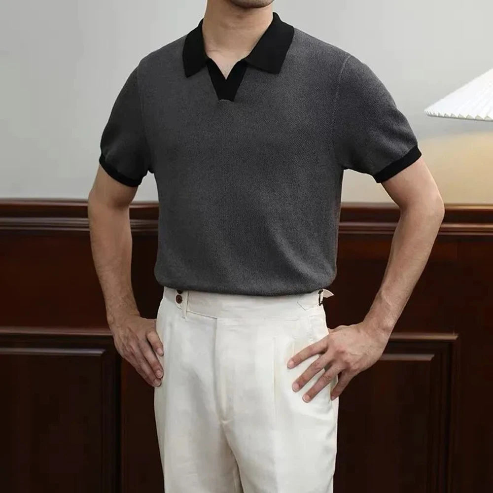 HEARUJOY  -  Men's Color Matching Knitted Short-Sleeved Polo Shirt American Retro Fashion Trend Loose Casual Breathable Summer Men's Tops