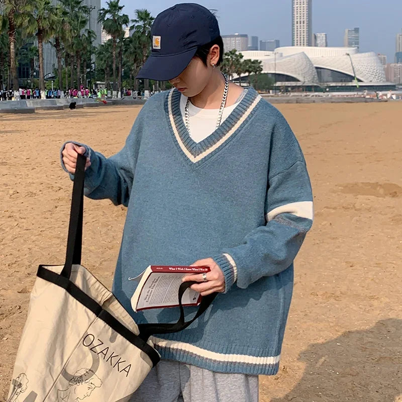 HEARUJOY  -  Autumn Winter New Men's Korean Loose Knitted V-neck Casual Sweater Outdoor Fashion Trend Comfortable Breathable Hoodie