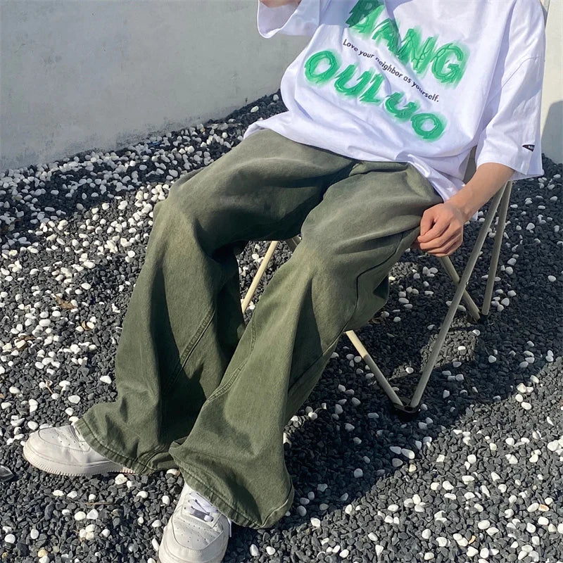 Hearujoy Green Jeans Baggy Distressed Vintage Denim Trousers Male Wide Leg Pants Men Streetwear Retro Oversize Casual Hip Hop