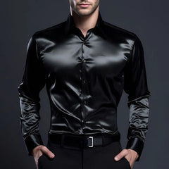 HEARUJOY  -  Men's Solid Color Shiny Long-Sleeved Shirt Retro Fashion American Trend Street Loose Niche Party Performance Summer Men's Tops