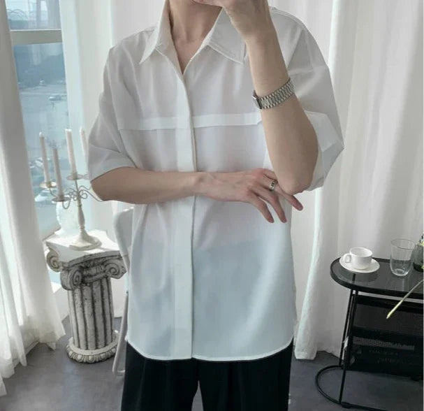 HEARUJOY  -  White Man Shirt Short Sleeve Shirts for Men Plain High Quality Luxury with Collar New in Designer Vintage Summer Casual Silk