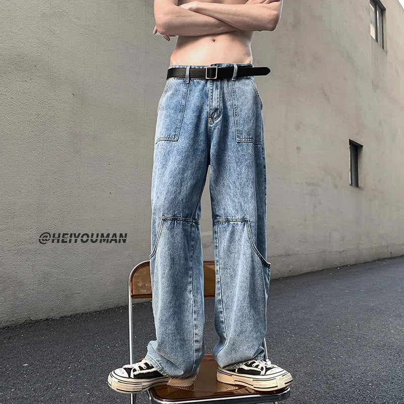 Hearujoy Loose Vintage Big Pockets Cargo Jeans Men Straight Hip Hop Jean Pants Chic Design Mens Casual Streetwear All-match Denim Pants