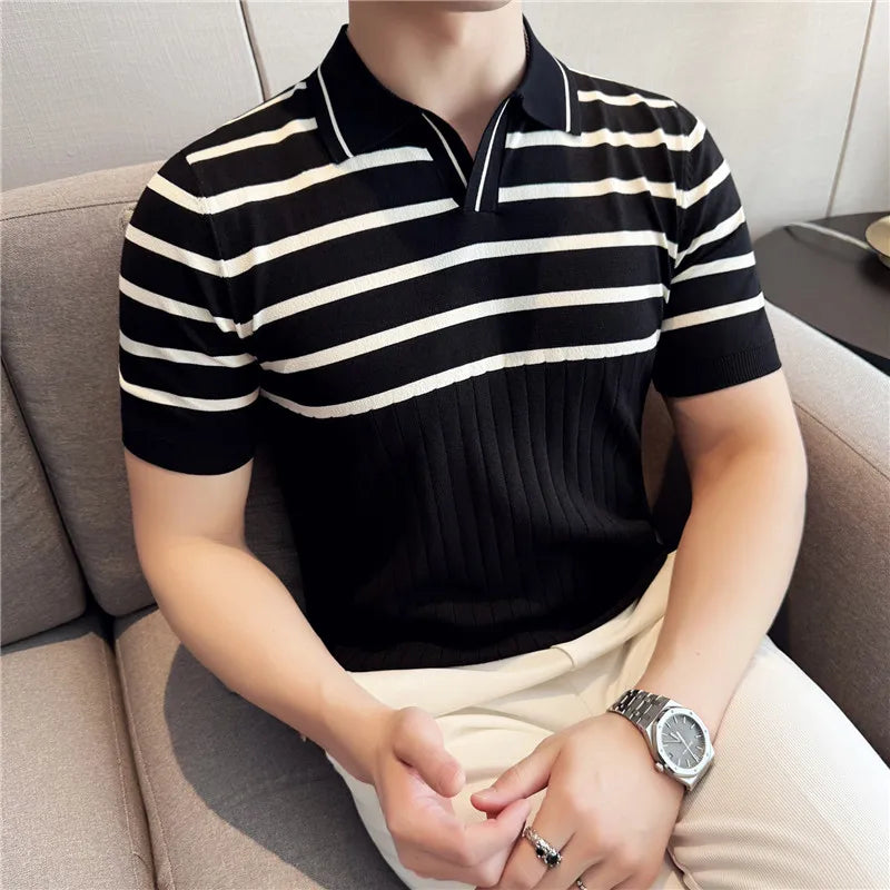 HEARUJOY  -  Men's Summer Ice Silk Slim  Polo Shirt - Striped Knit Color-Blocked V-Neck Short Sleeve Top for Breathable Stylish Casual Wear