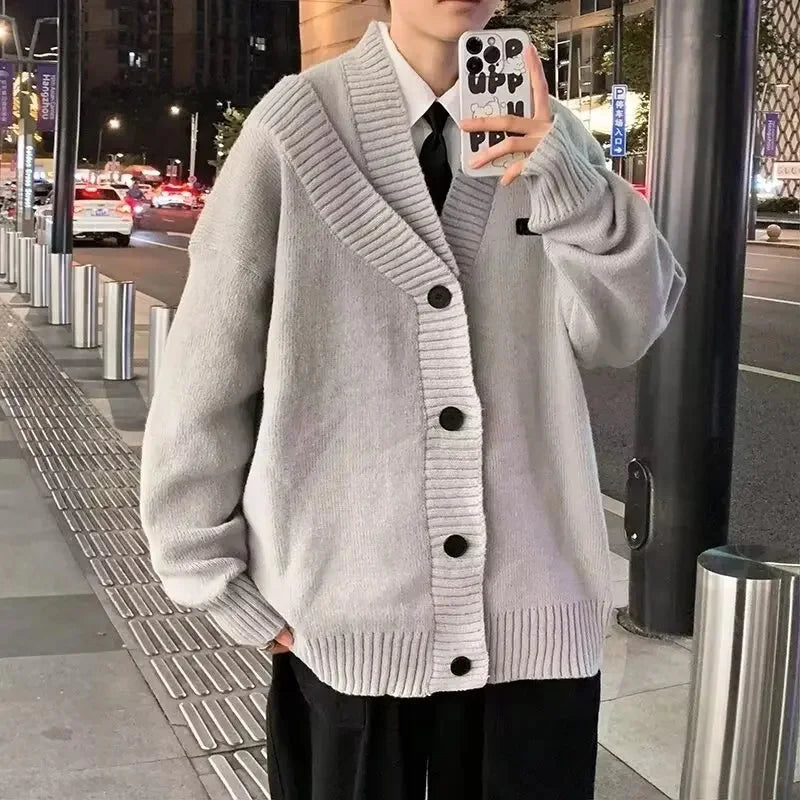 HEARUJOY  -  Fall Winter V-Neck Knitted Sweater Cardigan Men's Solid Color Casual Style Lazy Fashion Outerwear Comfortable Soft Material