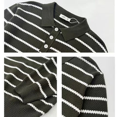 HEARUJOY  -  Men's Button Polo Collar Business Stripe Pullover Sweaters Streetwear Fashion Loose Casual Vintage Knitted Sweater For Male Tops
