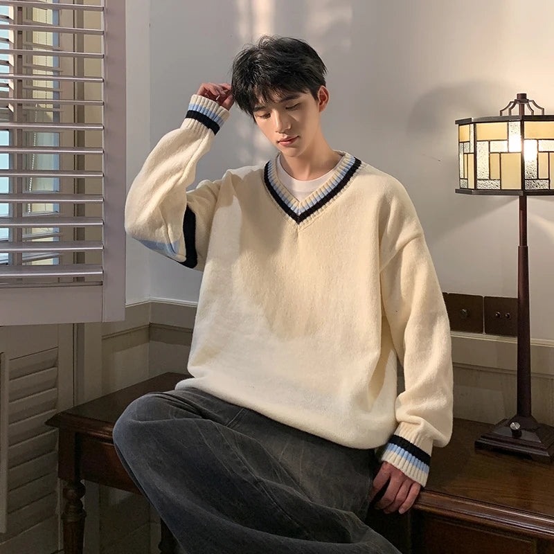 HEARUJOY  -  Preppy V-neck Sweater for Men Couples Pullovers Ins Knitted Top Autumn Korean Trendy Loose-fit Line Clothes for Students Youth