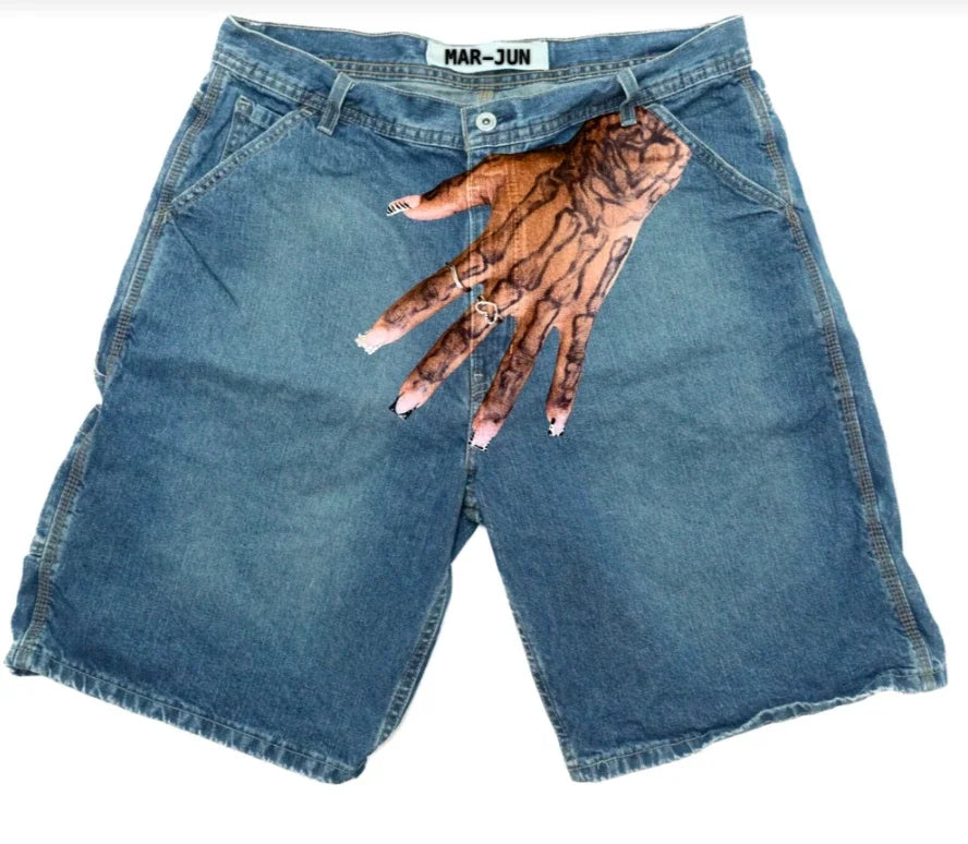 Hearujoy Harajuku Y2K Gothic Sweatpants Pants Mens Palm Print Graphic Streetwear Retro Blue Baggy Denim Gym Shorts Shorts Men Clothing