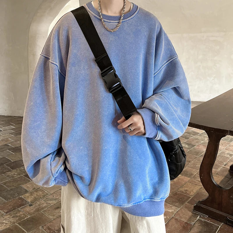 HEARUJOY  -  American Washed Old Pullovers Sweatshirts Men Loose Solid Color 2025 Autumn Large Size Warm O Neck Tops Hip Hop Y2k Sweatshirt