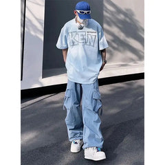 Hearujoy Y2K Cargo Pants for Men Hip Hop Harajuku Parachute Cargo Trousers Male Blue Japanese Loose Casual Streetwear Hip Hop