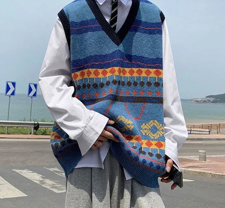 HEARUJOY  -  Sweater Man Casual Waistcoat V Neck Printed Knit Vests for Men Designer Cheap Korean Fashion Smooth Reviews Clothes Top Harajuku