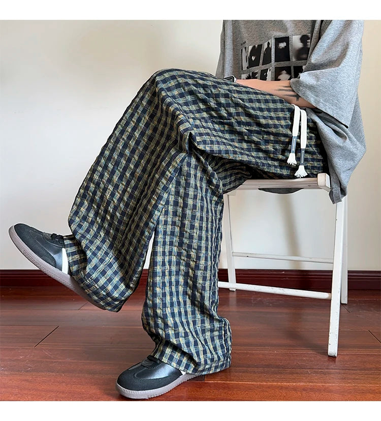 HEARUJOY  -  American Men Thin Pants for Men 2025  Summer plaid  Sweatpants Straight Loose Sports Casual Trousers