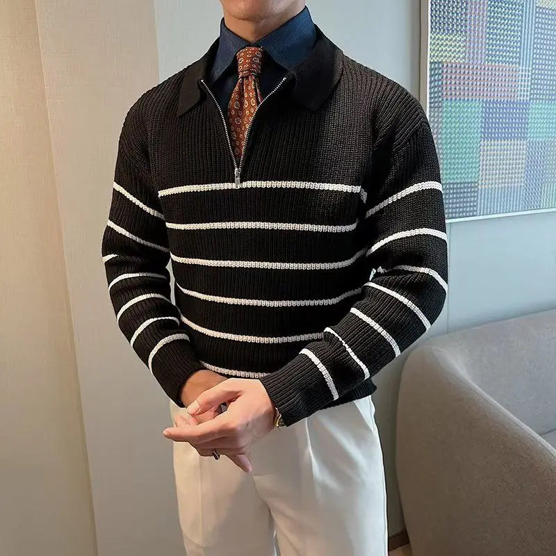 Hearujoy Autumn Winter Men's Fashion Vintage Striped Business Casual Knitted Sweater Male Polo Collar Half Zip Long Sleeve Slim Pullovers