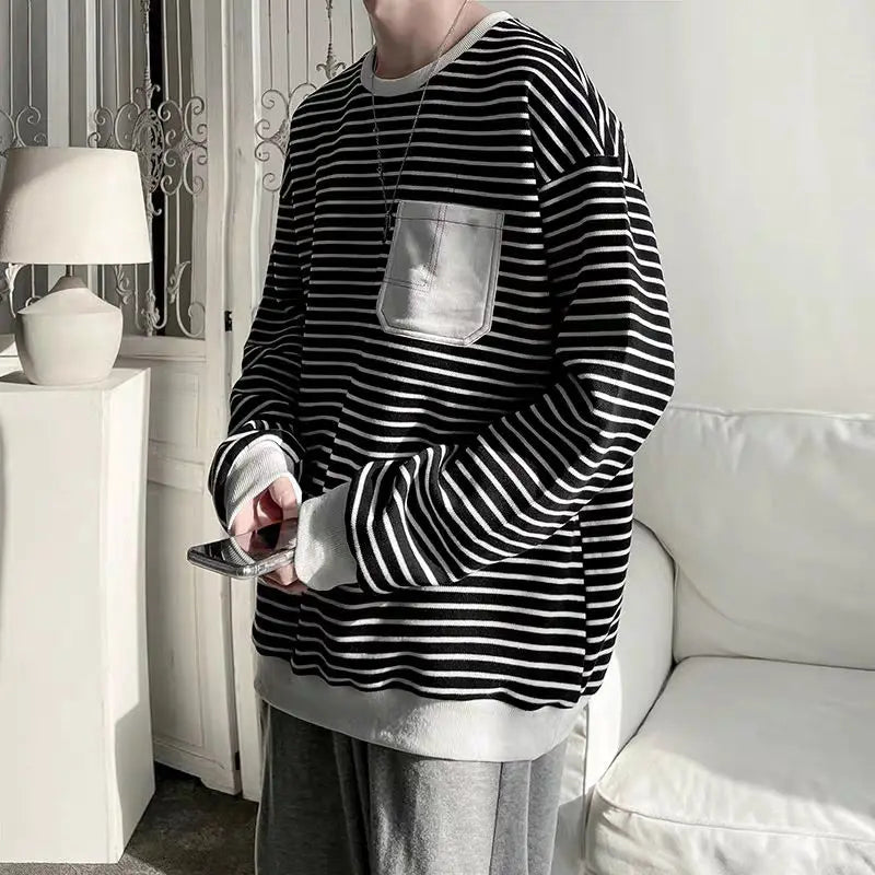 HEARUJOY  -  Men Trendy Striped Patchwork Streetwear Y2K Oversize Basic T-shirt Japanese Style Round Neck Long Sleeve Cotton Tops Ropa Hombre