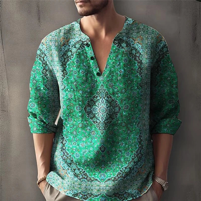 HEARUJOY  -  Vintage Ethnic flower 3D Print Shirt For Men Spring Autumn Long sleeve V-neck Tee Tops Fashion Casual Pullover Shirts Streetwear