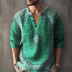 HEARUJOY  -  Vintage Ethnic flower 3D Print Shirt For Men Spring Autumn Long sleeve V-neck Tee Tops Fashion Casual Pullover Shirts Streetwear