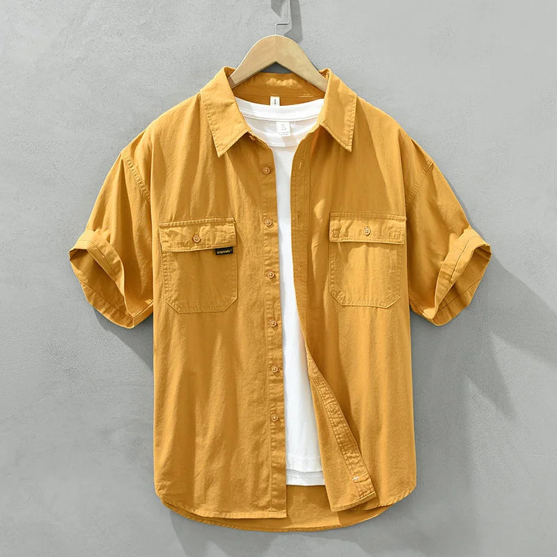 HEARUJOY  -  Japanese Retro Men Short Sleeve Cargo Shirt Double Pockets Cotton Uniform Light Casual Work Safari Style Shirts Mens Tops Shirt