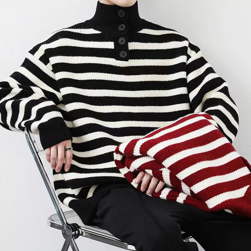 HEARUJOY  -  Fall Winter Daily Casual Men's Sweater Stylish Striped Crochet Knitted Pullover Men Fashion Turtleneck Buttoned Sweaters