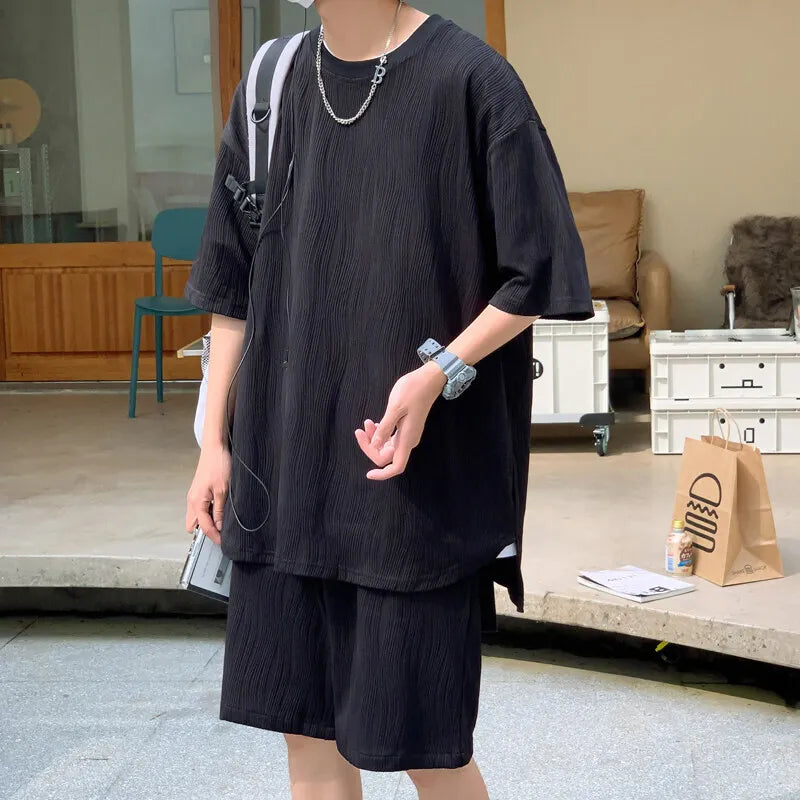 HEARUJOY  -  Summer Set Men Fashion Casual Shorts Short Sleeved T-shirt Sets Men Streetwear Hip-hop Loose Ice Silk Set Mens Pleated Set