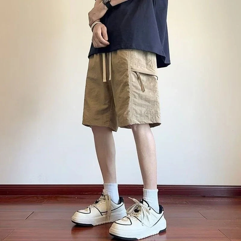 HEARUJOY  -  Wide Mens Cargo Shorts Baggy Over Knee Solid Elastic Waist Loose with Draw String Short Pants for Men Pockets High Quality V