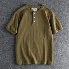 HEARUJOY  -  Tough Guy Style Heavyweight Wash Cotton Henry Neck Short Sleeve T-shirt Men's Summer Personalized Versatile Tops Tee Sold Color
