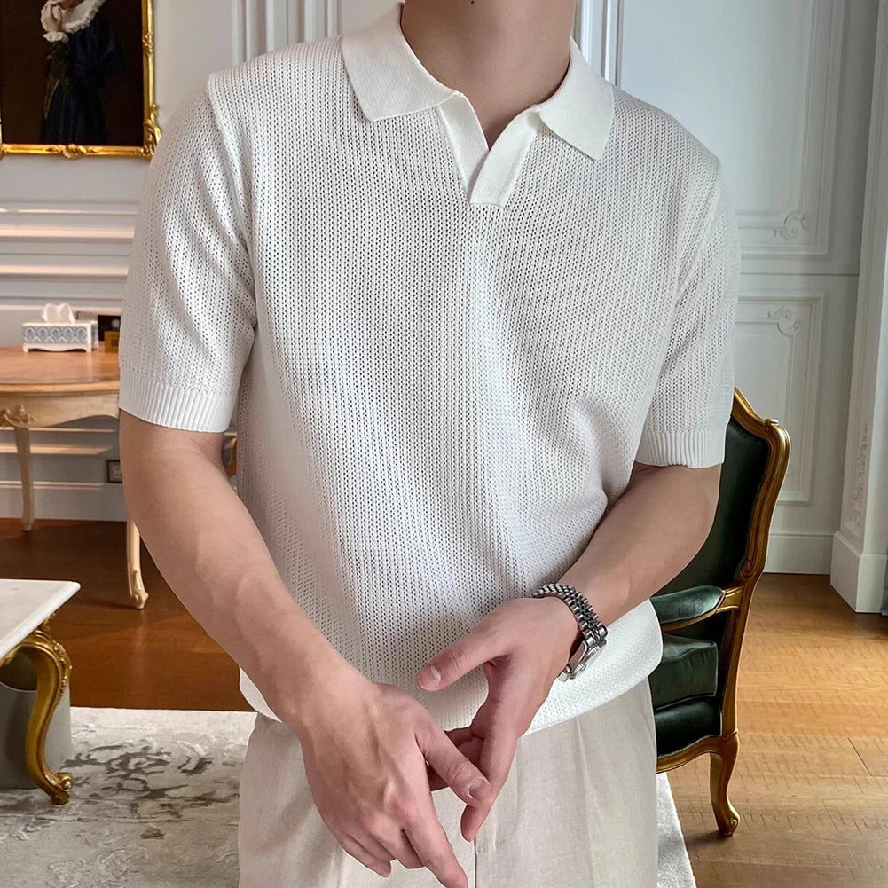 HEARUJOY  -  Casual Outings Short Sleeve Knitted Top Loose Fit Short Sleeve Top Fashion Male Clothing Slight Stretch Fabric